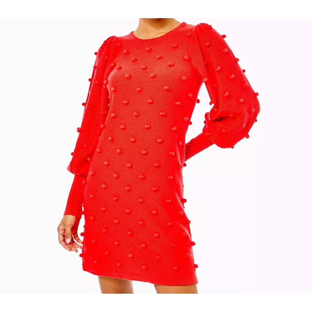 NWT Lilly Pulitzer Kippa Sweater Dress L Ruby Red Pom Pom Knit Long‎ Sleeve Mini